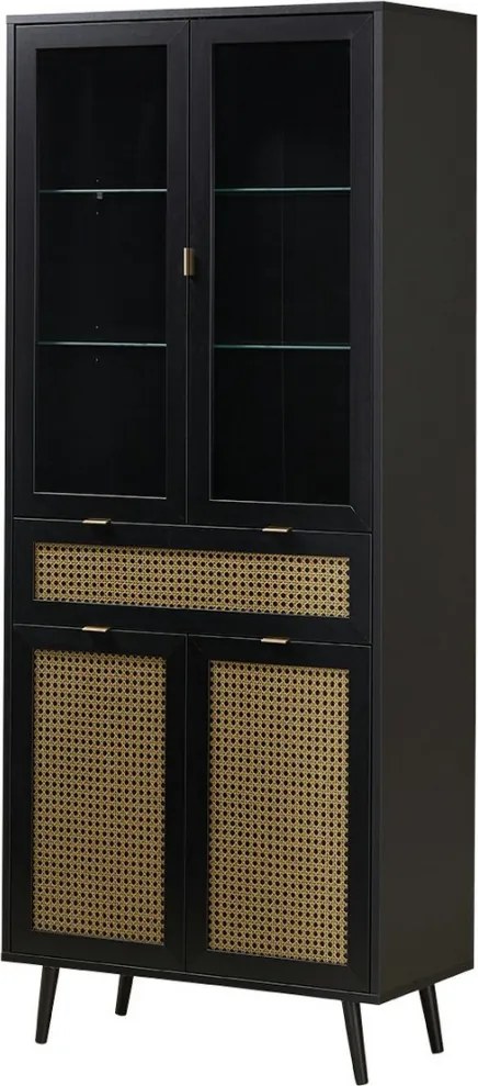Vysoká vitrína Vienna, čierna/výplet
