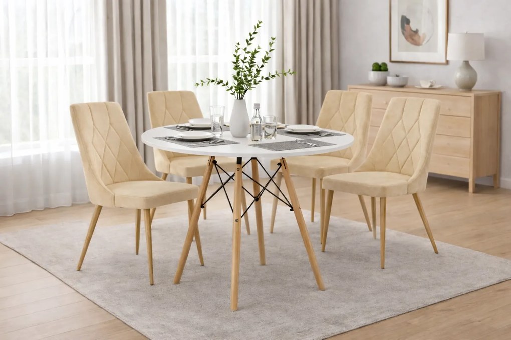 Jedálenská zostava stôl 100 cm biely a 4 stoličky IMOLA béžové / nohy vo farbe dreva