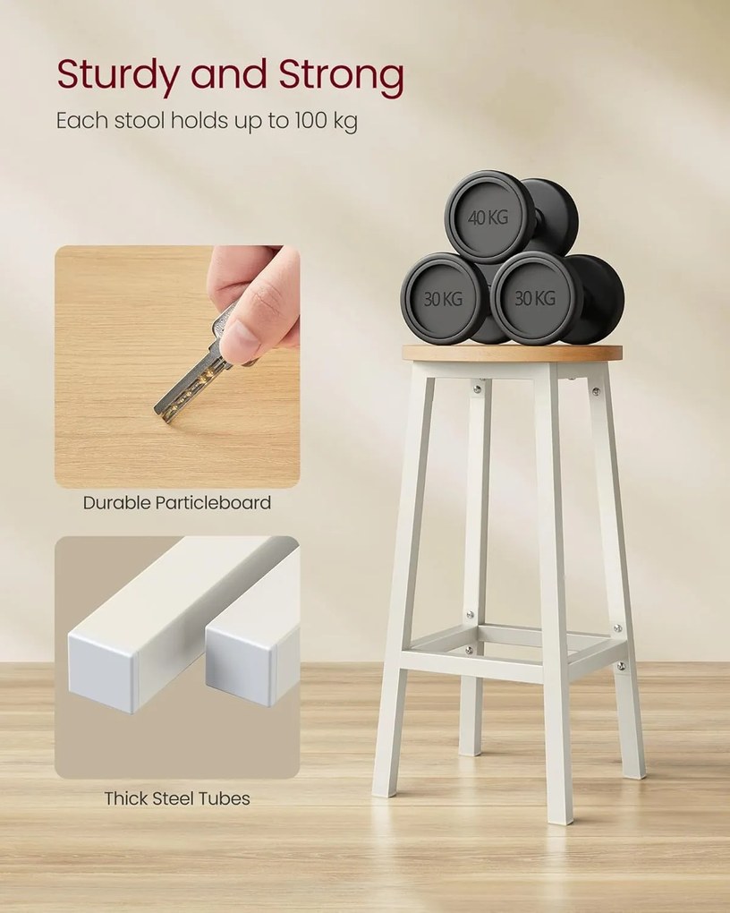 Sada 2 barových stoličiek Kuchynské stoličky s kovovým rámom Výška 65 cm, biela a dub