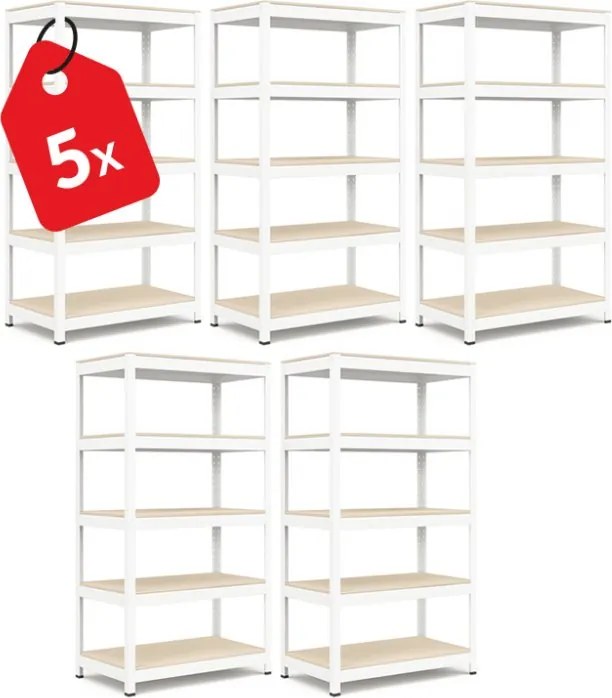 Akcia 5x Regál 183x90x40 cm lakovaný 5-policový, nosnosť 100 kg, RIVET - biely