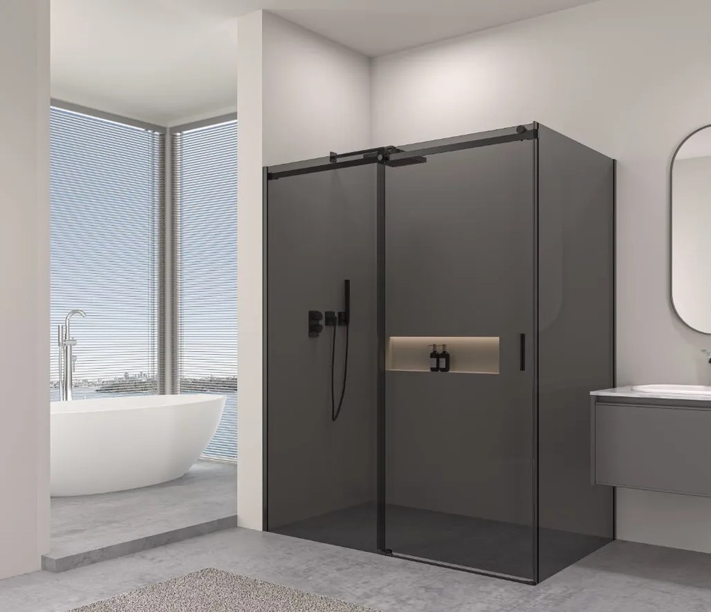 Erga Lynn, sprchový kút s posuvnými dverami 120(dvere) x 80(stena) x 195 cm, 8mm šedé sklo, čierny profil, ERG-V02-LYNN-D120G080-GR-BK