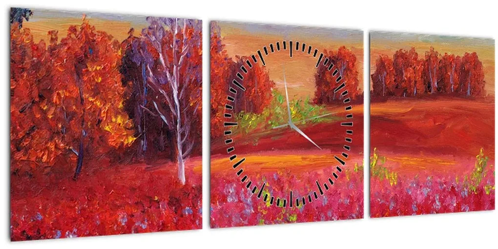 Obraz červenej krajiny (s hodinami) (90x30 cm)