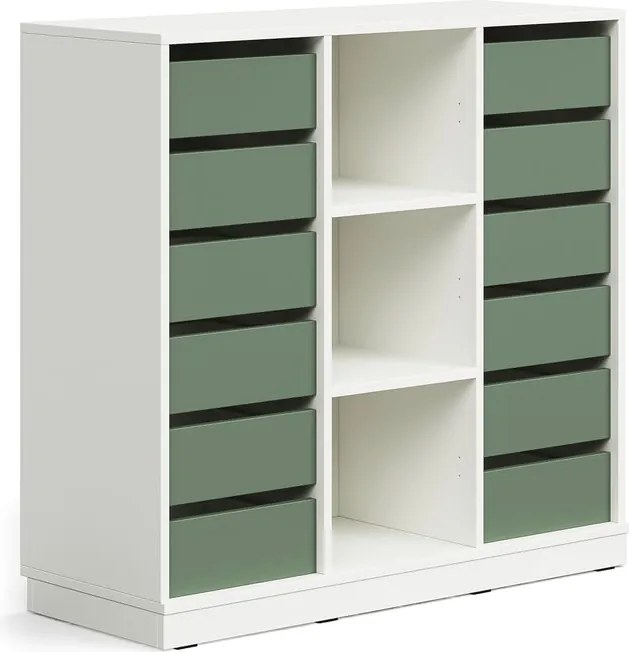 Úložná skrinka CASPER, 12 zásuviek, 3 priehradky, so soklom, biela/tmavozelená