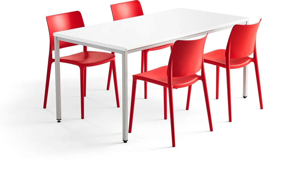 Jedálenská zostava: Stôl Modulus + 4 plastové stoličky Rio, červené
