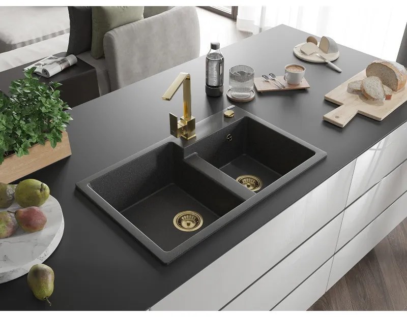 Mexen Tomas, granitový drez 800x500x190 mm, 2-komorový a zlatá batéria Rita, čierna škvrnitá, 6516-76-670300-50
