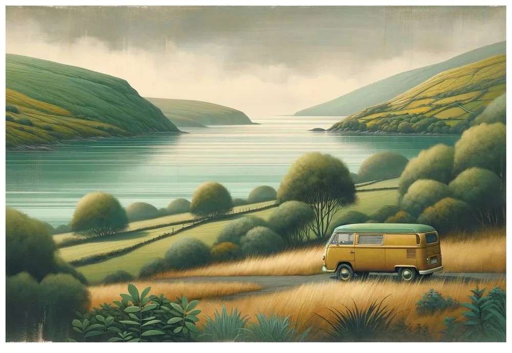 Samolepiaca tapeta retro dodávka v malebnej krajine