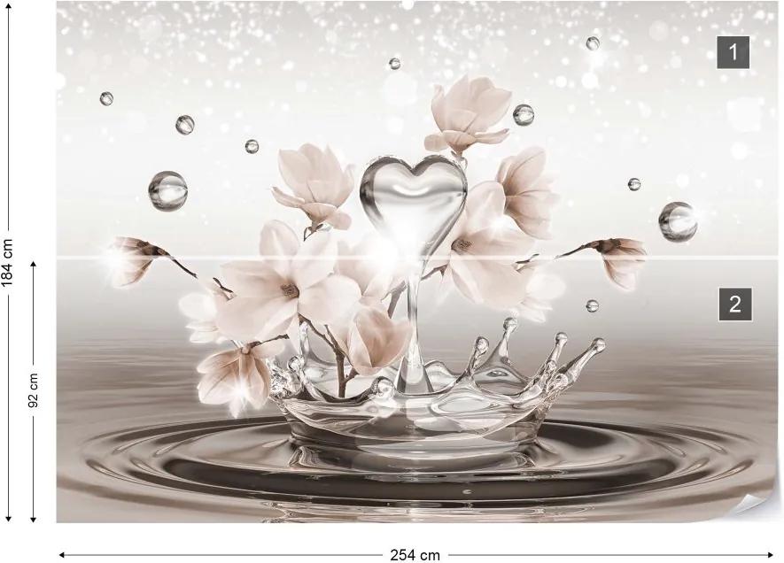 GLIX Fototapeta - Water Drops Heart Flowers Sepia Vliesová tapeta  - 254x184 cm