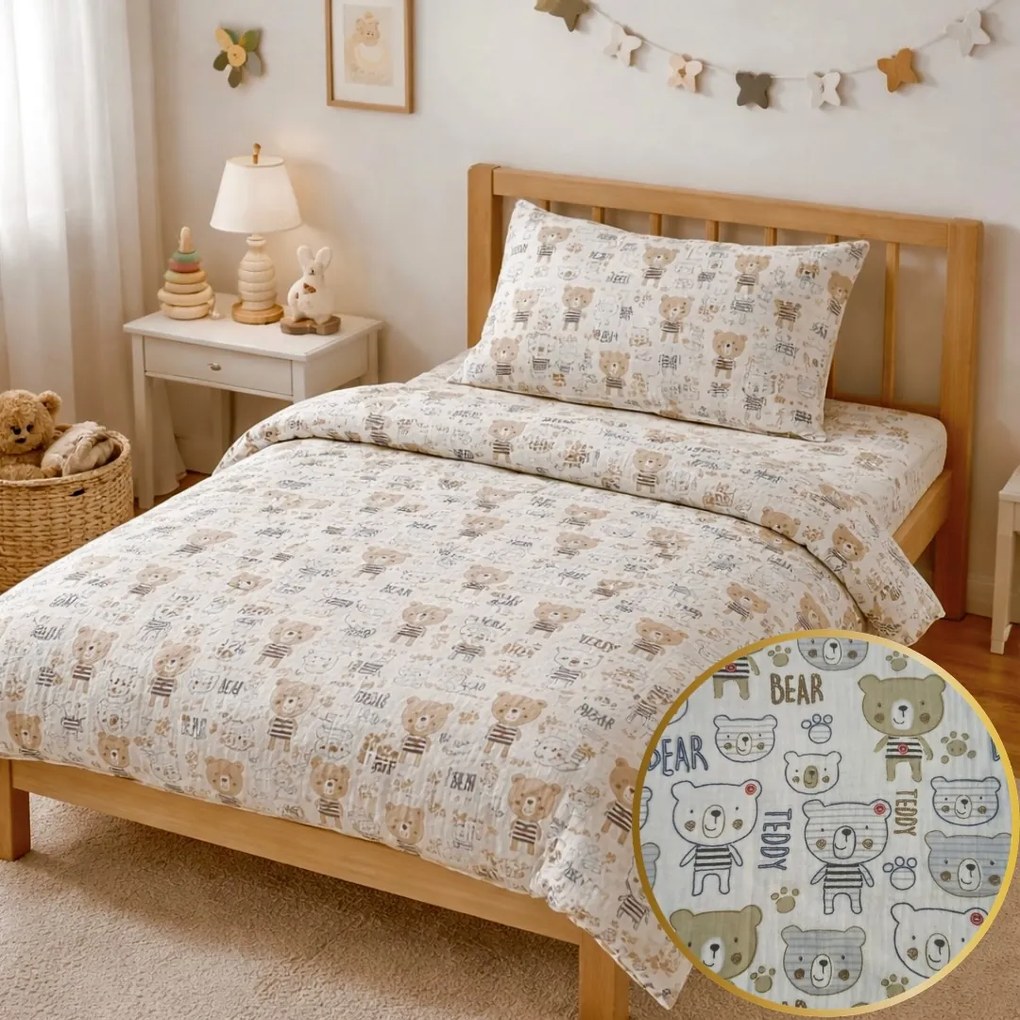 Mušelínové obliečky Teddy Bear TiaHome - Detský set 130x90cm + 65x45cm