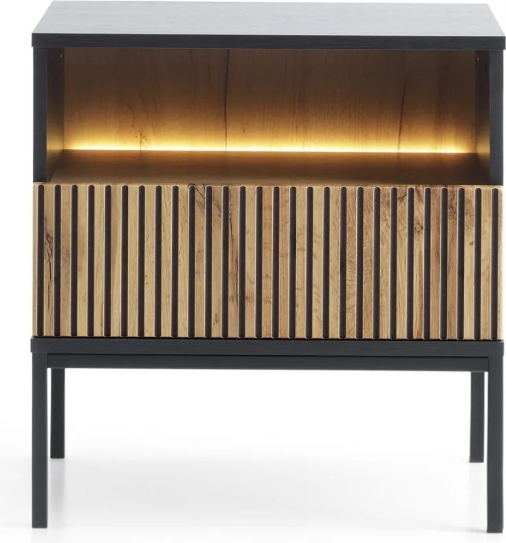 Nočný stolík Sento, čierna/dub wotan, s osvetlením