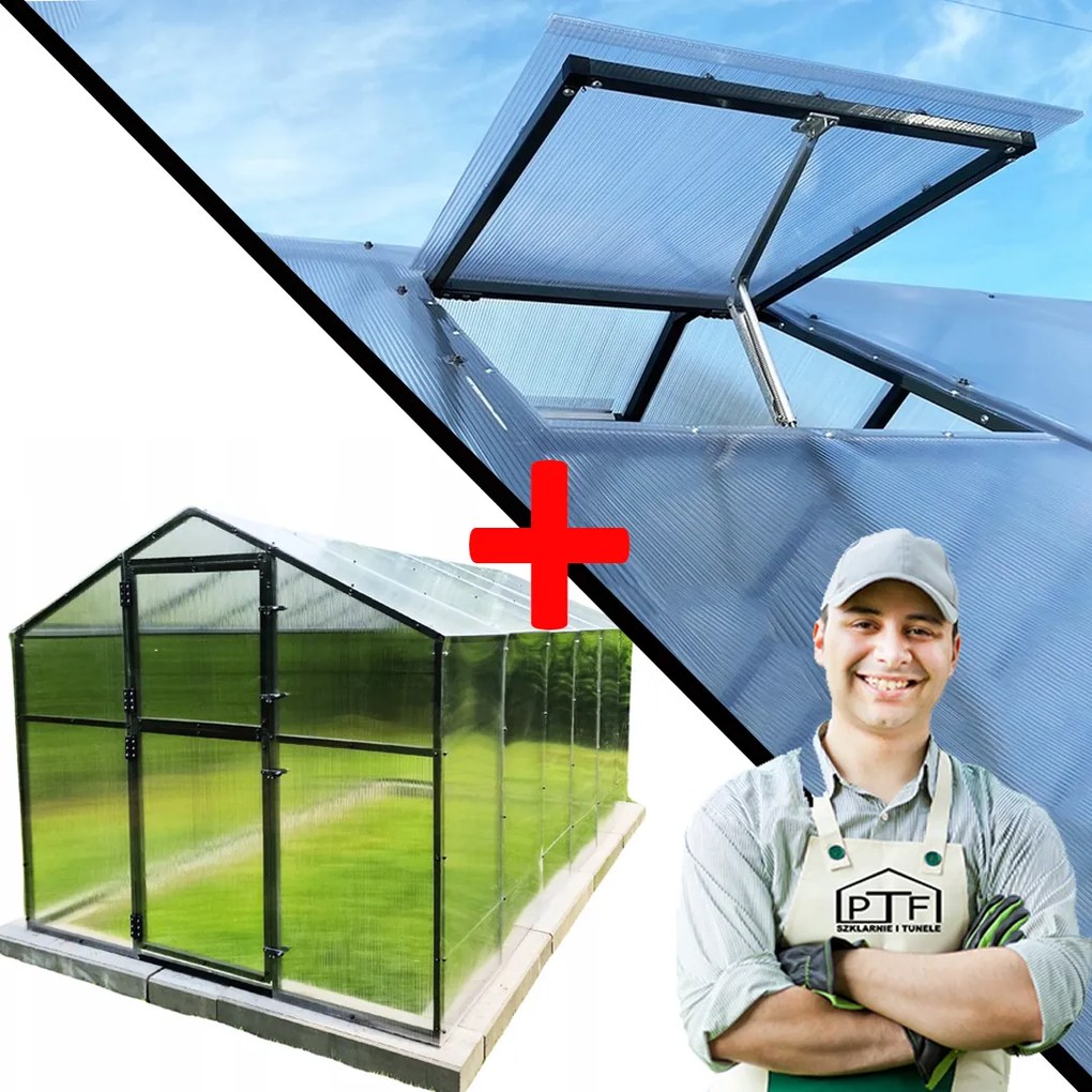 Záhradný Skleník Hliníkový 12,7 m2 Polykarbonátový Tunel 210X606 Okno