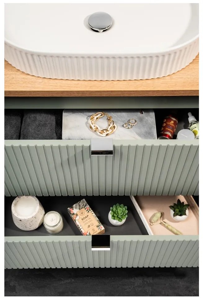 Závesná skrinka Line Reed Green Beyond s doskou a umývadlom 80 cm zelená