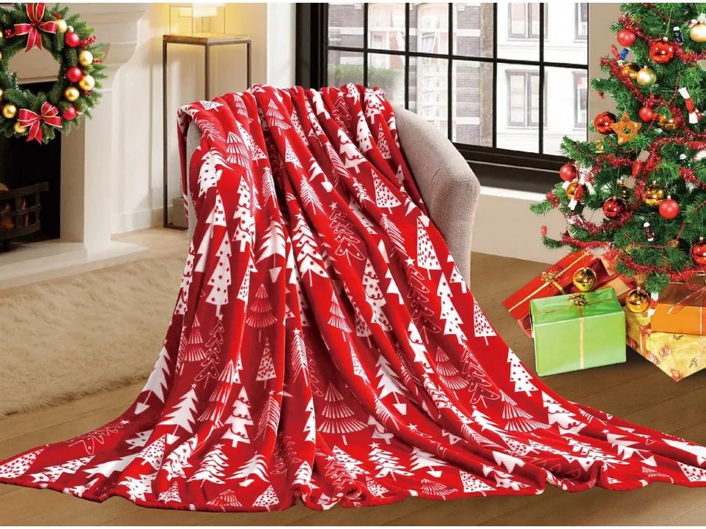 Červená vianočná mikroplyšová deka CHRISTMAS TREES Rozmer: 200 x 220 cm