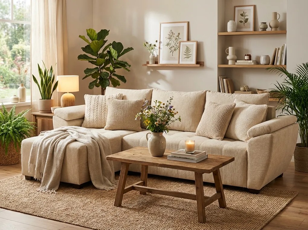 Rozkladacia obojstranná sedacia súprava do L LIVARO 251x140 cm, krémová