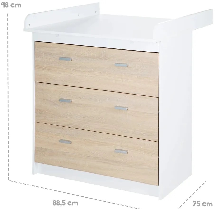 Biela/v prírodnej farbe vysoká detská komoda v dekore duba s prebaľovacím pultom 89x98 cm Gabriella – Roba