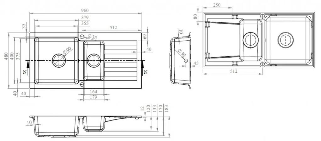 Vima 921 - Granitový drez 960x480x183 mm 1,5-sektora s odkvapkávacou plochou, sivá
