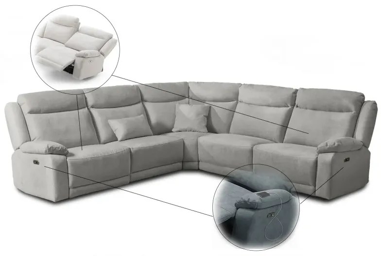 Kožená sedacia súprava CONTINENTAL rohová s funkciou relax, elektrické, sivá (cenere 318)