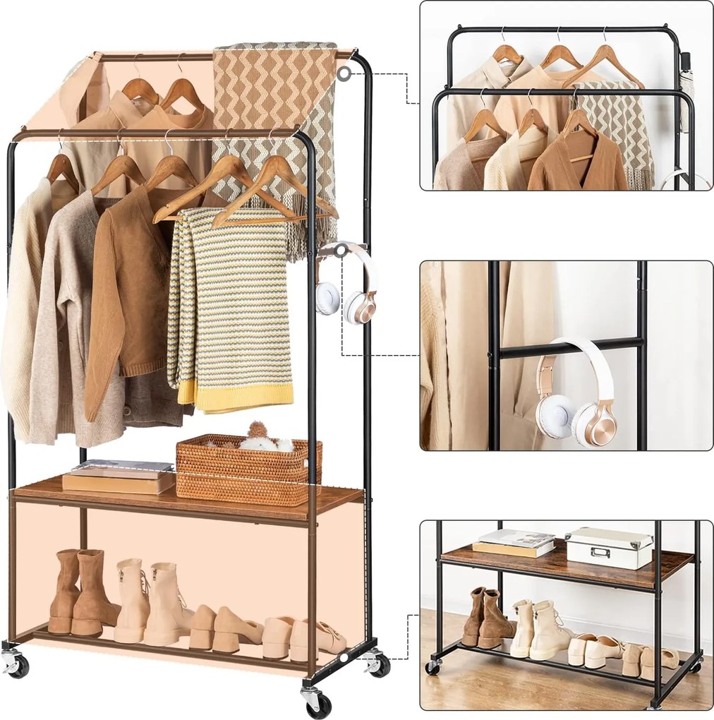 Pojízdný stojan na oblečení Vasagle Rawstone černý/hnědý