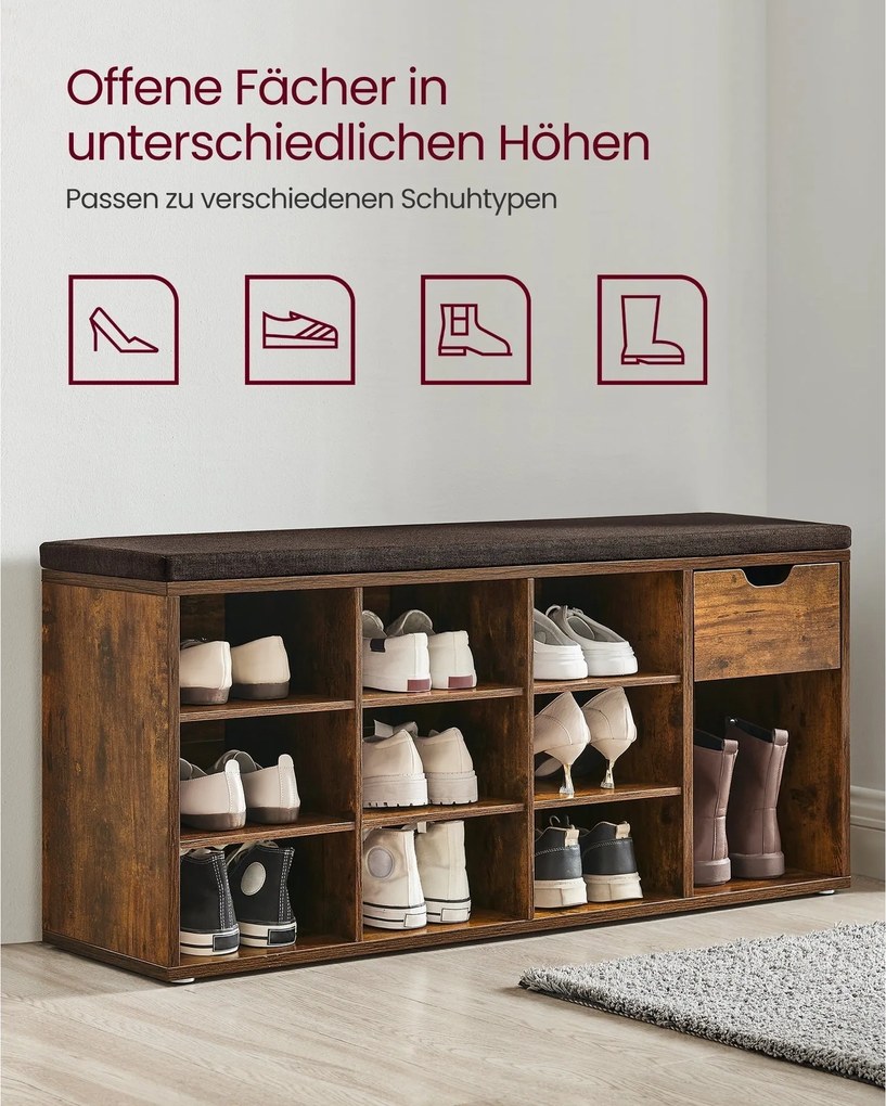 Lavica na topánky Stojan na topánky so zásuvkou a otvorenými priehradkami, rustikálna hnedá