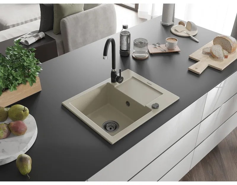Mexen Enzo, granitový drez 576x465x174 mm, 1-komorový, béžová s čiernym sifónom, 6506571005-69-B