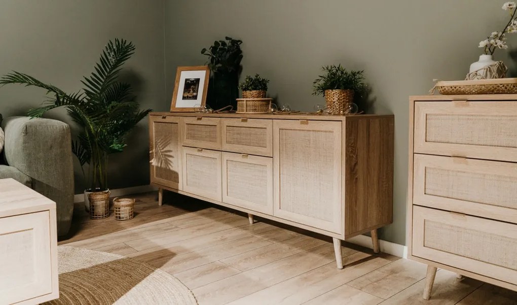 Široká komoda so zásuvkami Bali, dub sonoma/výplet
