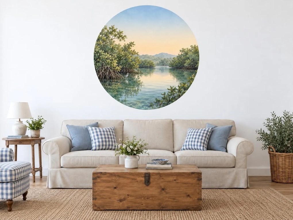 Volavka v mangrovovej lagúne kruhová akvarelová dekorácia s tropickou lagúnou na stenu arch 46 x 46 cm