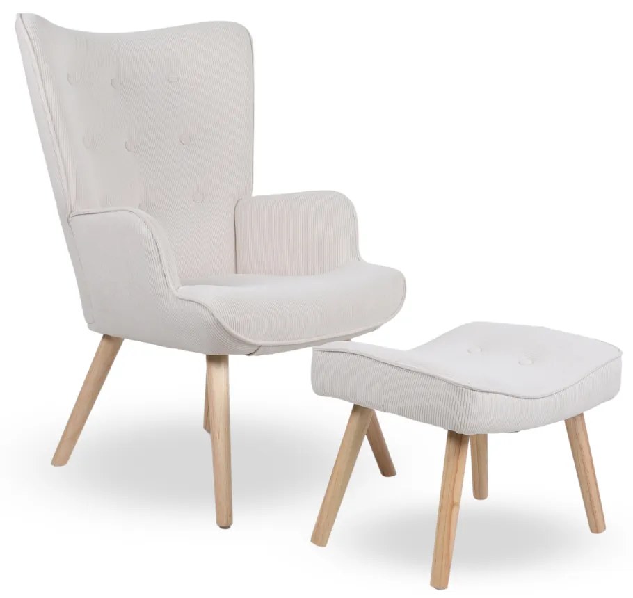 Kreslo ušiak CORDU + taburet — masív, manšestr, prírodná / krémová