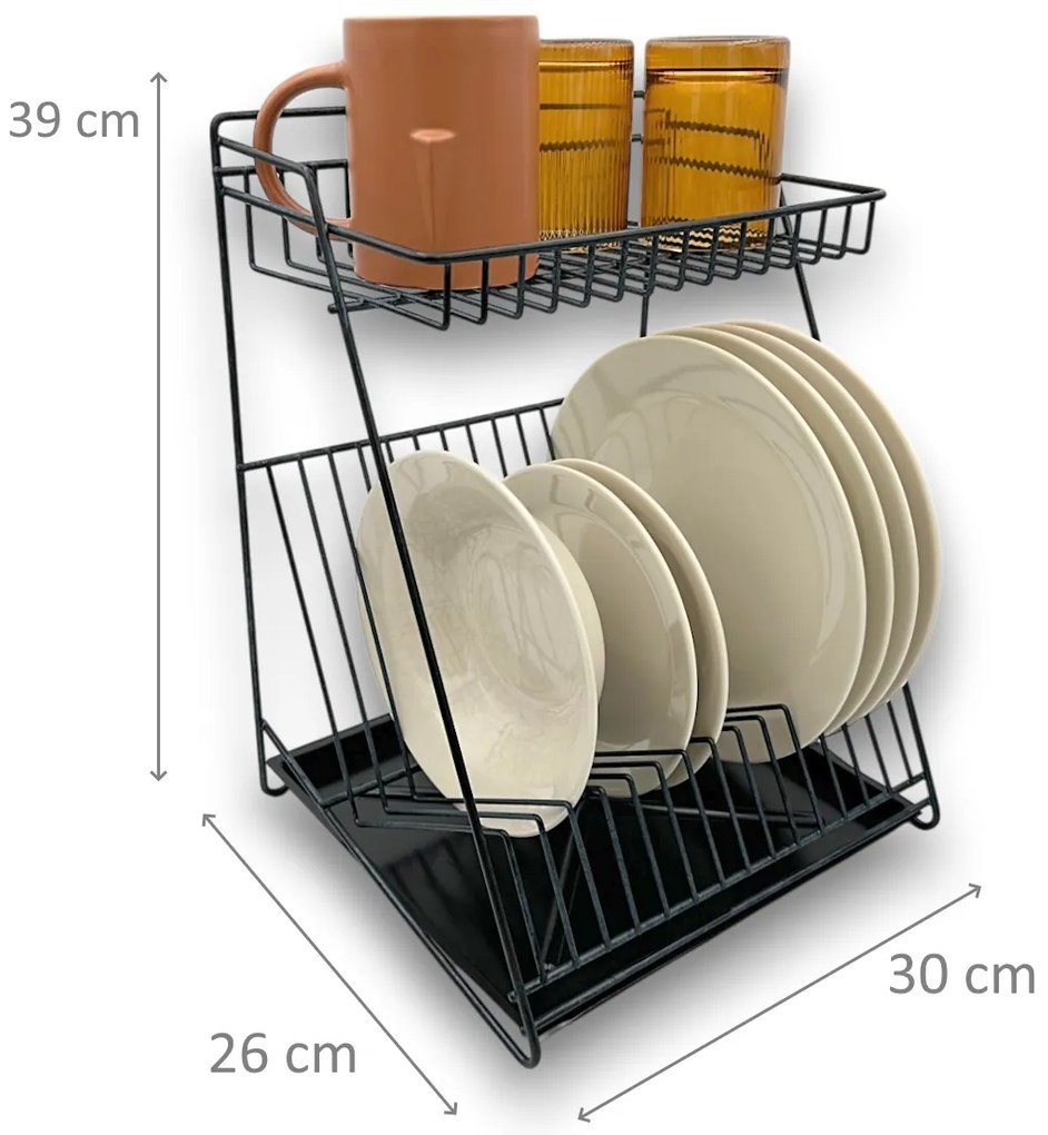 ALTOM Odkvapkávač na riad dvojposchodový, až na 14 tanierov, čierny kov