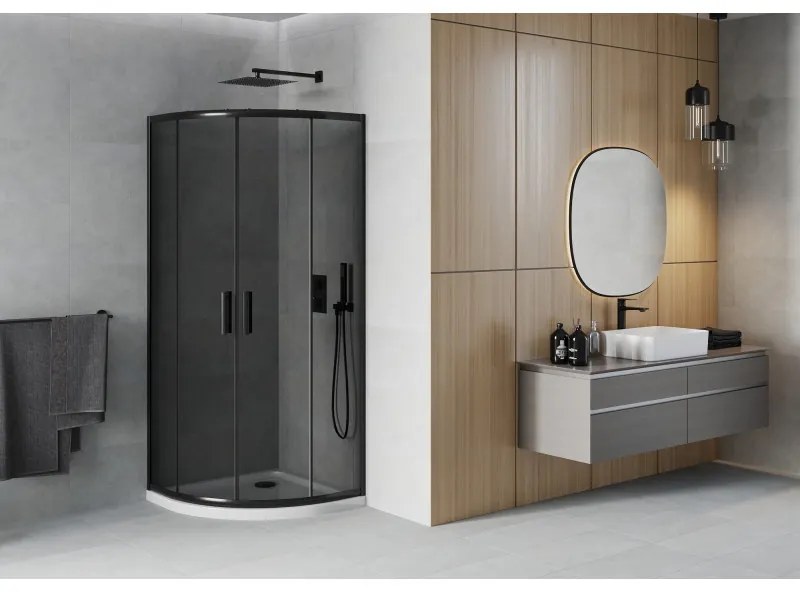 Mexen Rio, štvrťkruhový sprchovací kút s posuvnými dverami 90(dvere) x 90(dvere) x 190 cm, 6mm šedé sklo, čierny profil + biela sprchová vanička Slim, 863-090-090-70-40-4110B
