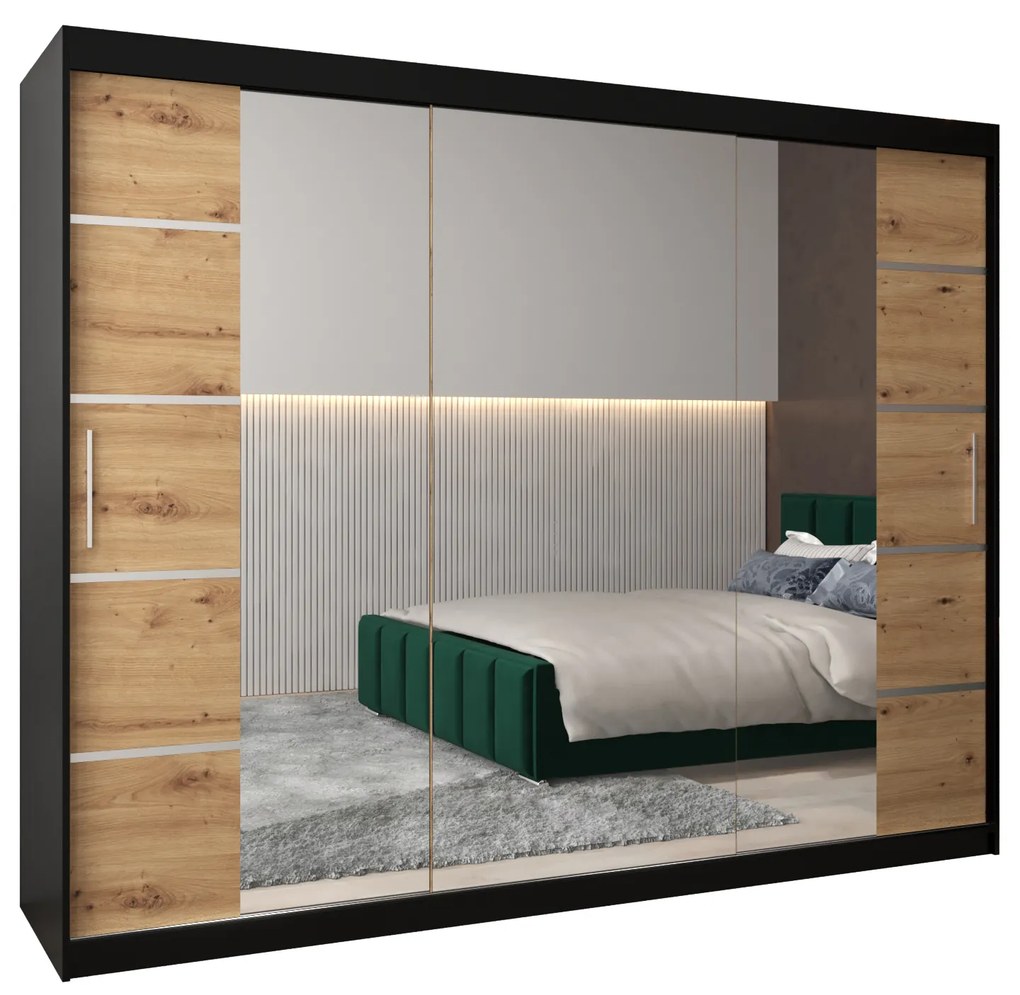 Šatníková skriňa 250 cm Verika 4 250 (čierna + dub artisan). Akcia -10%. Vlastná spoľahlivá doprava až k Vám domov. 1064322