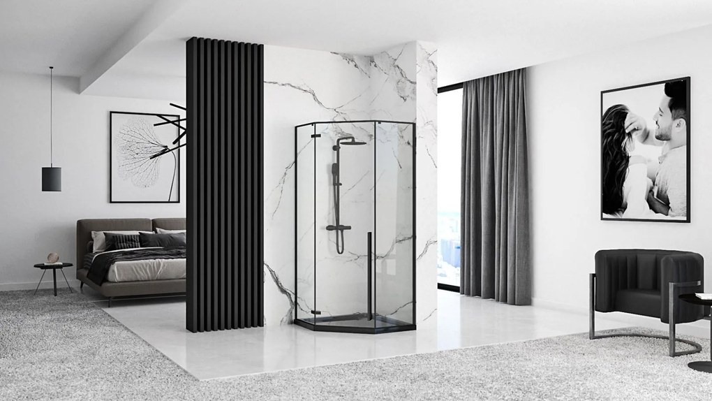 Päťuholníkový sprchovací kút REA DIAMOND 80x80 cm, čierny matný/transparent + vanička Diamond biela