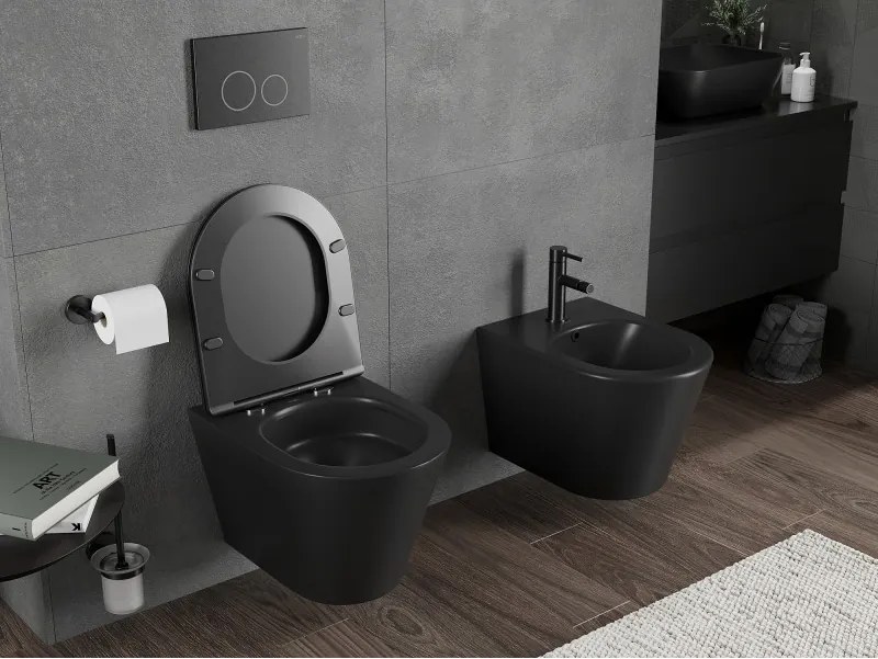 Mexen Rico, závesná WC misa 490x360x370 mm, Rimless Tornádo + WC sedadlo z duroplastu, čierna matná, 30721085T