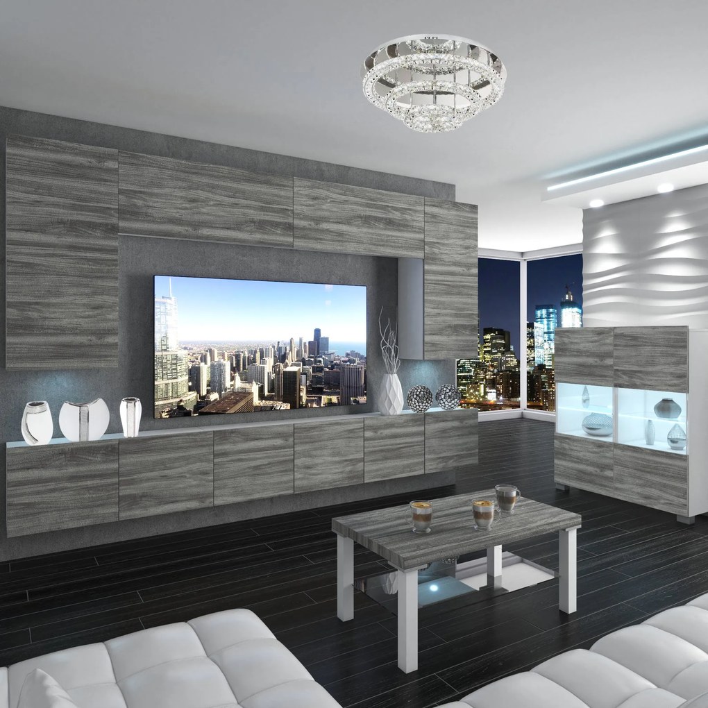 Obývacia stena Belini Premium Full Version šedý antracit Glamour Wood + LED osvetlenie Nexum 33