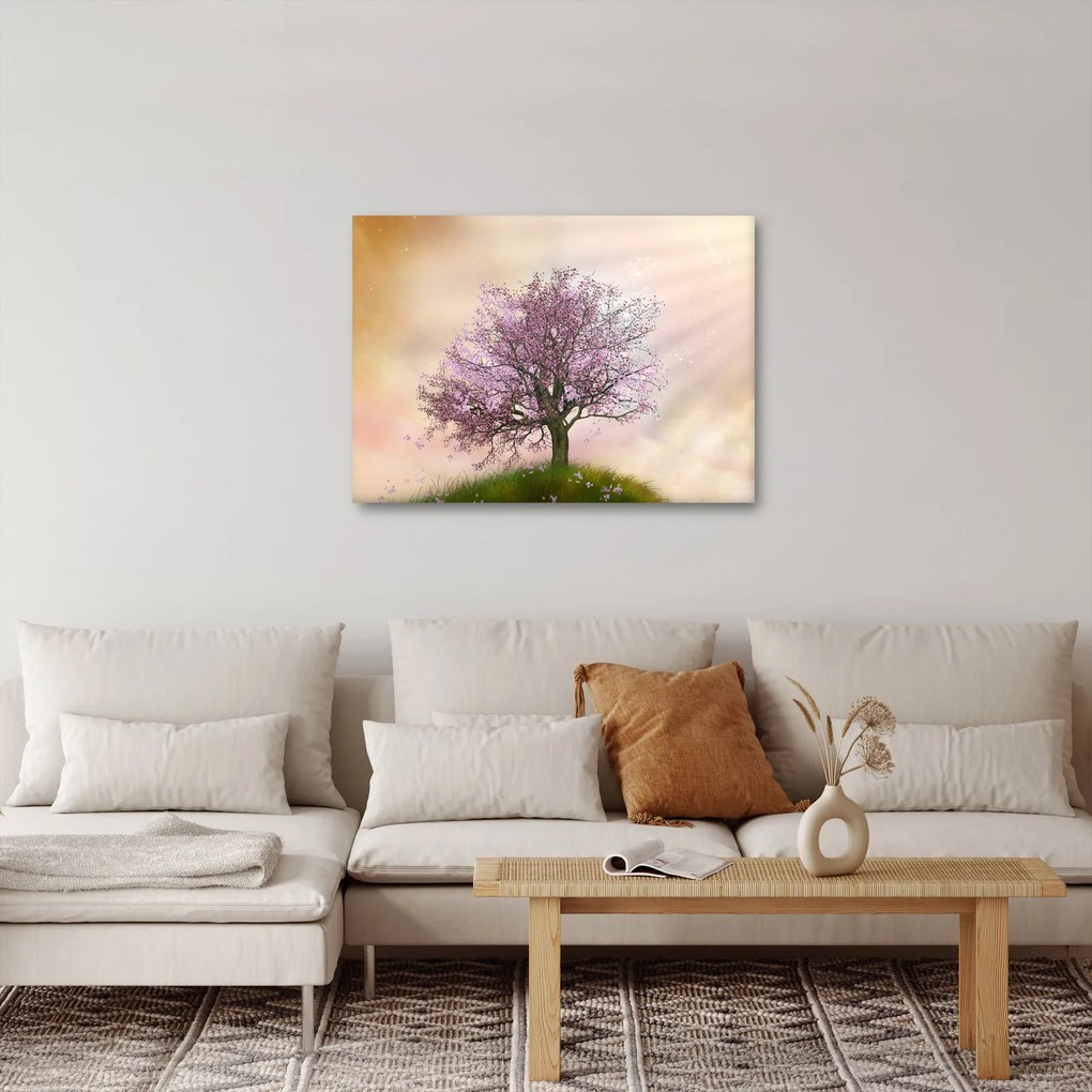 Obraz rozkvitnutého stromu na vrchole kopca (70x50 cm)