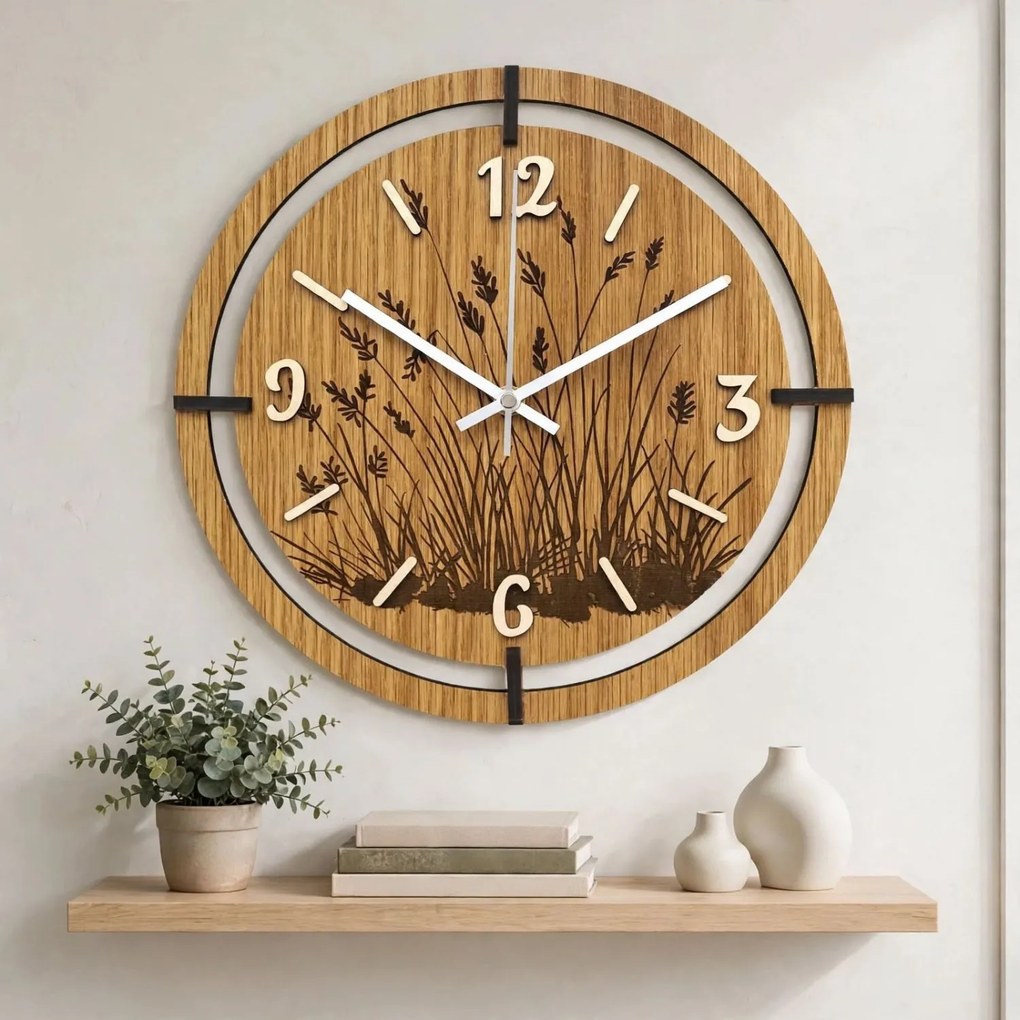 Drevené nástenné hodiny s motívom lúčnych tráv | LIANA: HDF - Javor 30 cm 4809-115521 HDF0705-ruky-silver