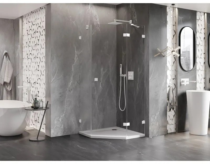 Mexen Lunar, pravý výklopný päťuholníkový sprchový kút 90 x 90 cm, 8mm číre sklo, biely profil, 831-090P-090L-20-00-P