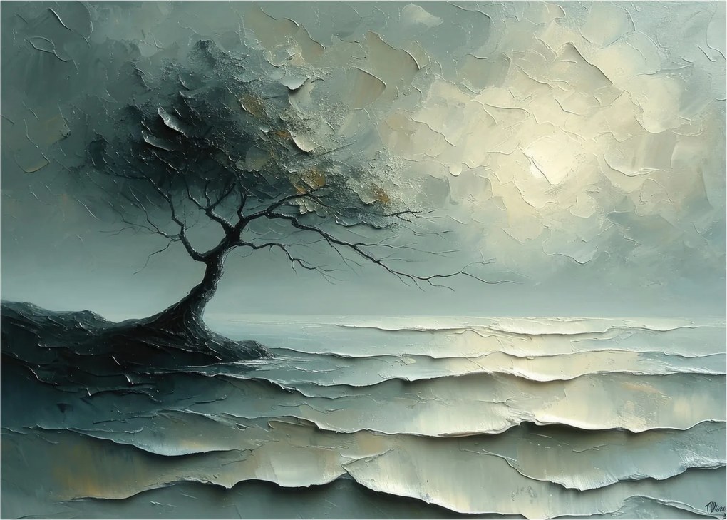 Sklenený obraz - Olejomaľba stromu s oceánom (70x50 cm)