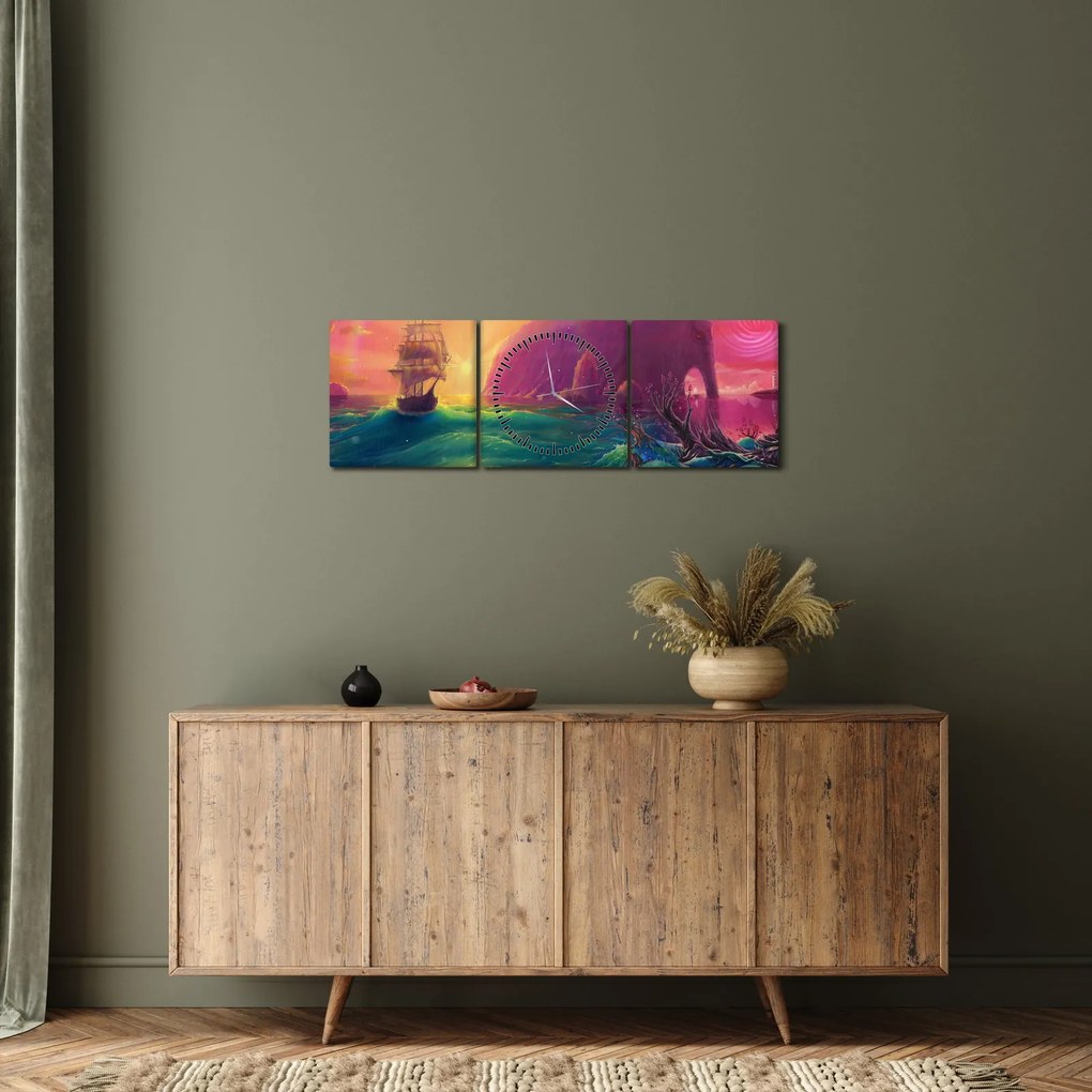 Obraz - Olejomaľba, Plavba do fantastickej ríše (s hodinami) (90x30 cm)