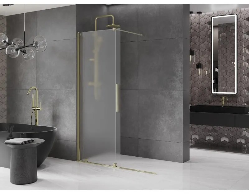 Mexen Velar, sprchová zástena s posuvnými dverami Walk-in 130 x 200 cm, 8mm sklo námraza, zlatá lesklá, 871-130-000-33-50