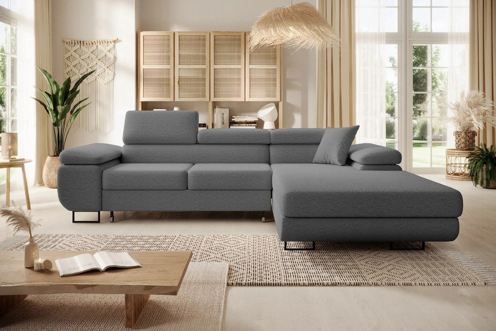 Šedý boho roh s funkciou spania Astorp L, pravý, s opierkami hlavy v boucle.