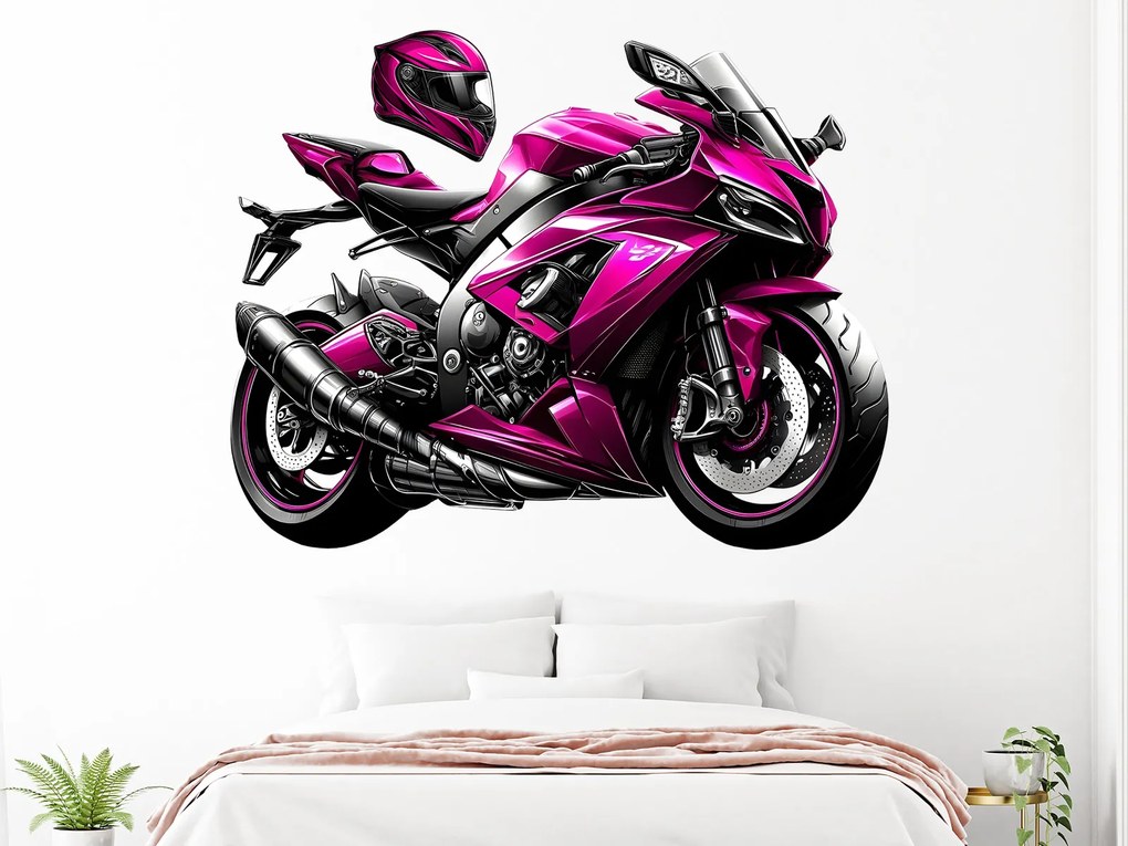 Ružová motorka textilní prelepiteľná nálepka na stenu hárok 45 x 35 cm