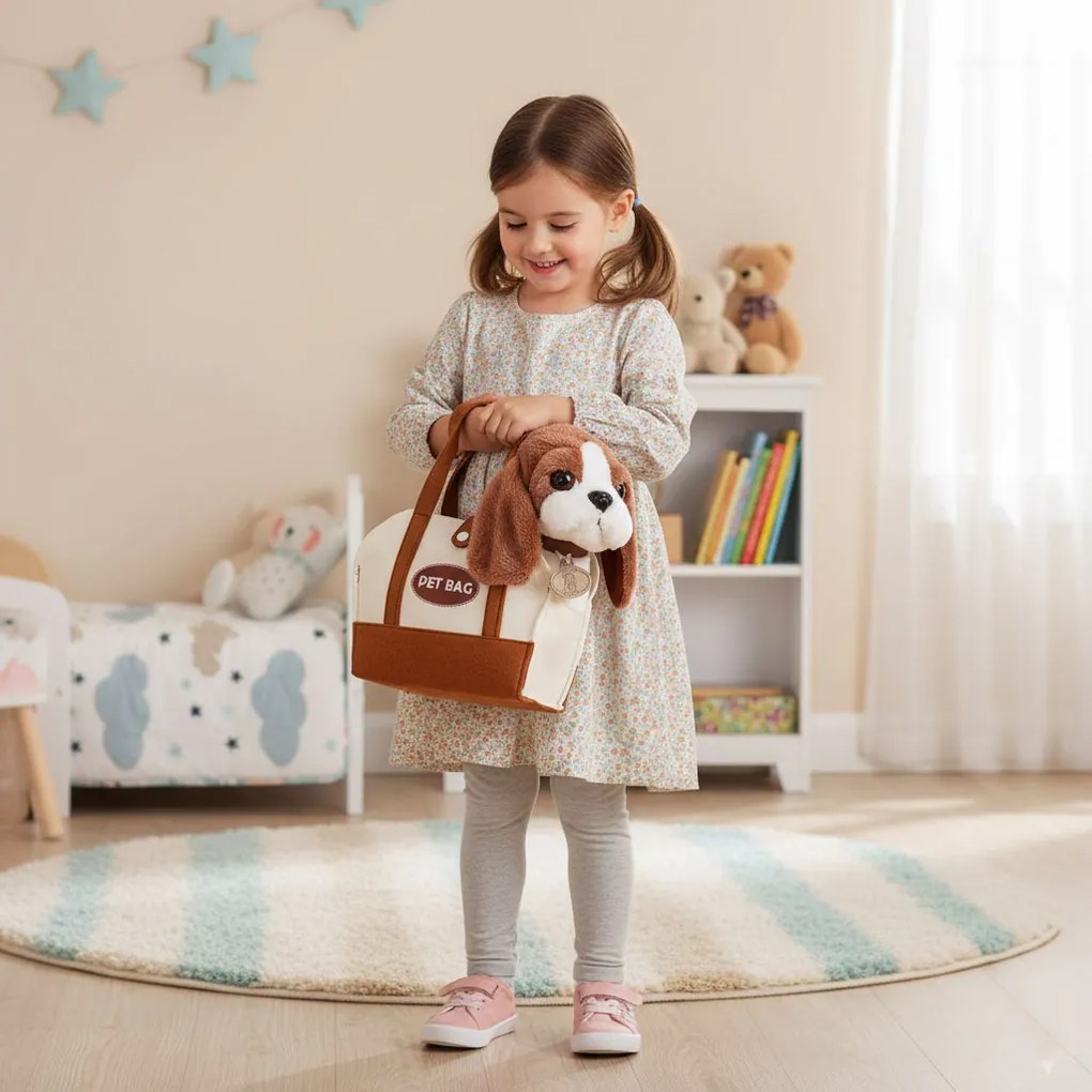 MULTISTORE Plyšový pes vo vrecku maskot bígla pre dieťa + kefa na starostlivosť