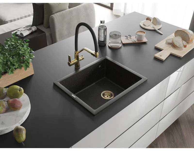 Mexen Pedro, granitový drez 560x460x200 mm, 1-komorový, čierna-zlatá metalíza so zlatým sifónom, 6508561000-75-G