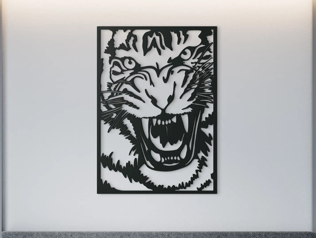 drevko Drevený obraz na stenu Tiger útočí Rozmer obrazu: 44,5 x 31,5 cm, Farba dekorácie: Čierna