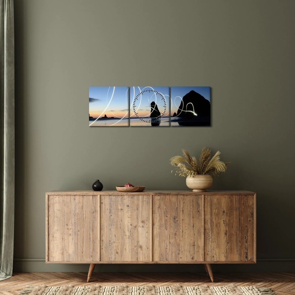 Obraz - pláž pri západe (s hodinami) (90x30 cm)