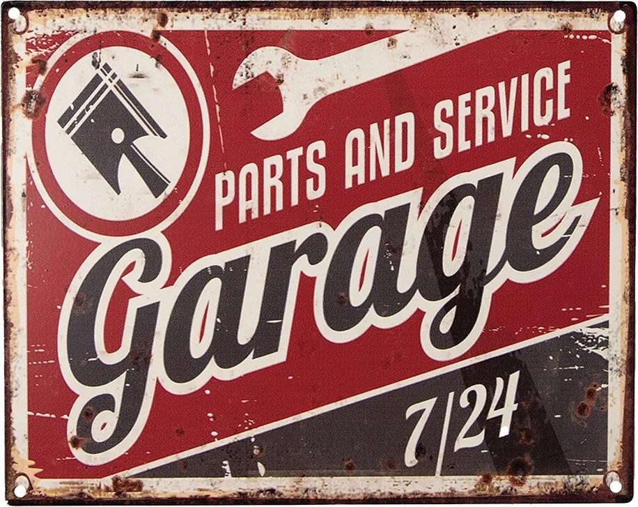 Červená antik nástenná kovová ceduľa Garage - 25*1*20 cm