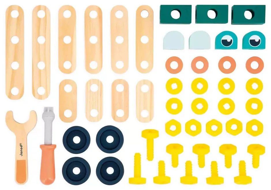 BricoKids - Drevená montážna stavebnica s predlohami a náradím - 50 ks