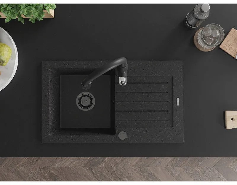 Mexen Pablo, granitový drez 752x436x161 mm, 1-komorový a drezová batéria Savita, čierna-strieborná metalíza, 6510-73-672601-70-B