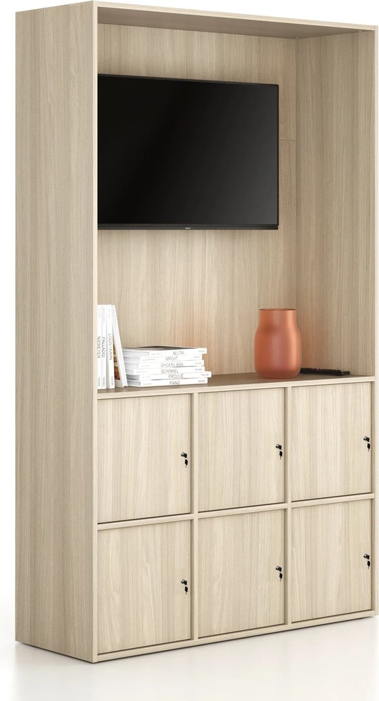Kancelárska skriňa FRAME, 6x dvere, priestor pre TV, 1299 x 450 x 2162 mm, cylindrický zámok, dub prírodný