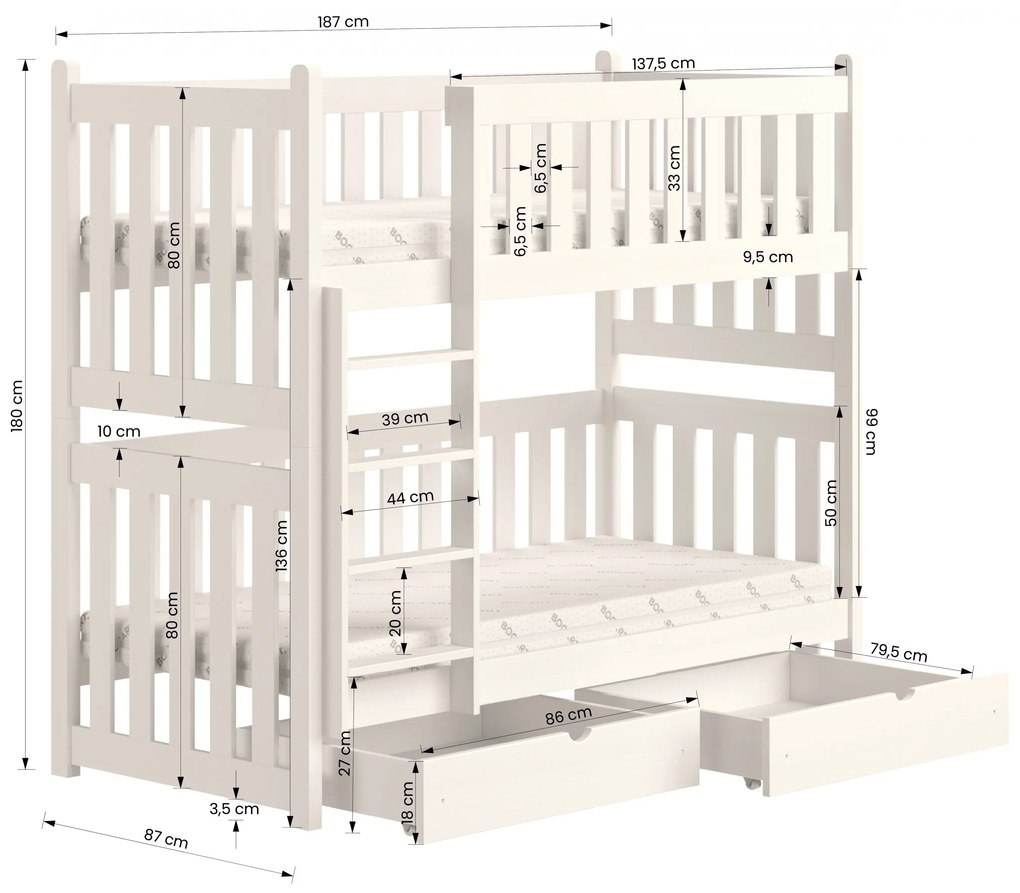Posteľ poschodová Swen PP 026 - Biely, 80x180