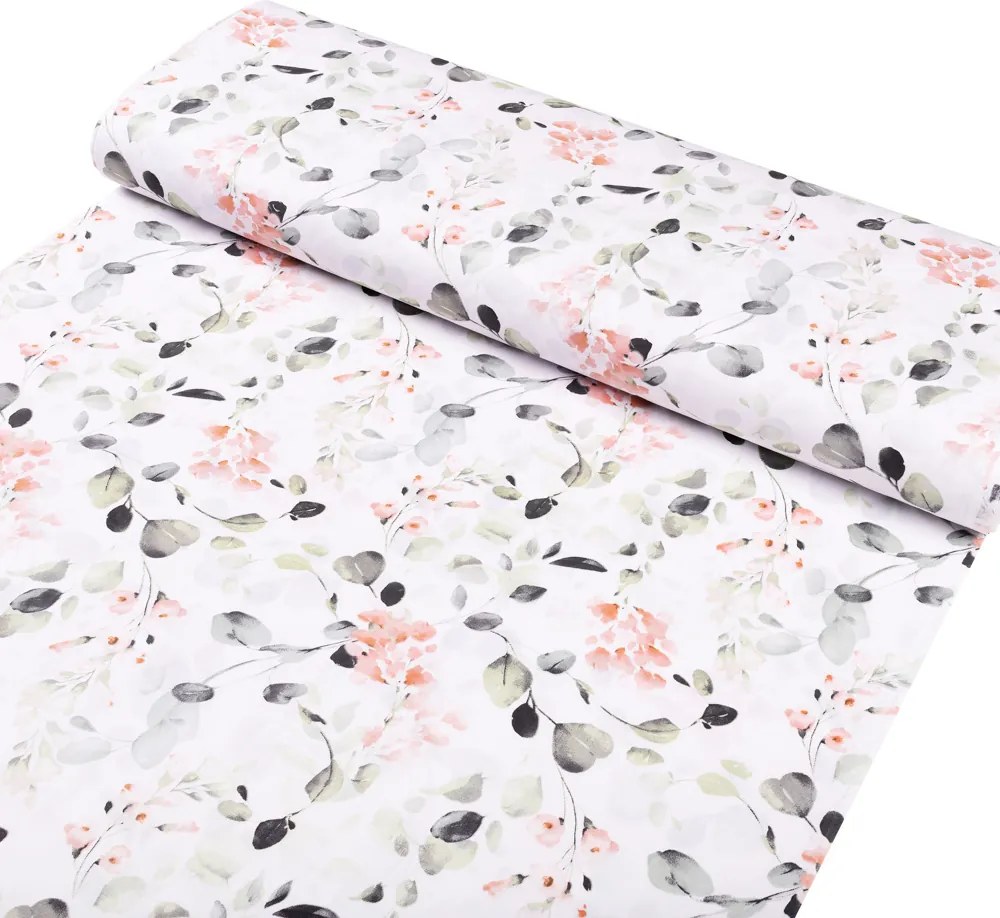 Biante Detské bavlnené posteľné obliečky do postieľky Sandra SA-288 Eukalyptus s ružovými kvetmi na bielom Do postieľky 100x135 a 40x60 cm